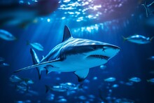 Blue Shark Swimming Underwater In The Sea Water
