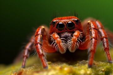 extreme macro shot of a tiny vibrant red spider on a leaf
