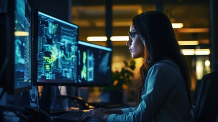 A woman programmer looks at a computer screen. Programming, digital design, new work.