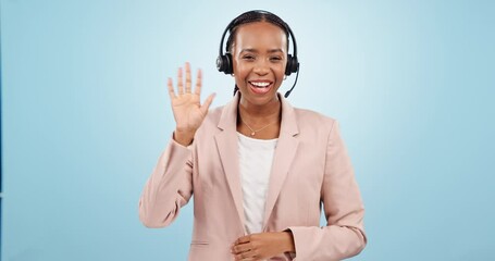 Canvas Print - Call center, wave hello and CRM, black woman with telecom or customer service video call or presentation on blue background. Contact us, help desk and telemarketing sales and consultant in a studio