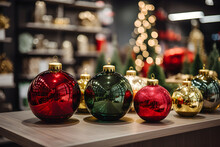 Modern store shop counter with festive christmas home decoration.