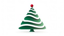 Artistic Illustration Of An Original Christmas Tree With A Pattern Of Rounded White And Green Stripes And With A Red Ball On Top On A White Background, Generated With AI