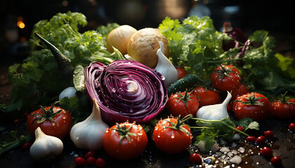 Poster - Freshness of nature bounty  healthy, organic vegetables on wooden table generated by AI