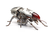 Reconnaissance Robot Cockroach, Shiny Steel Nanodroid With Red Elements Isolated On White Background