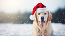 Cute Labrador Dog In A Santa Claus Hat On A Snowy Winter Christmas Background