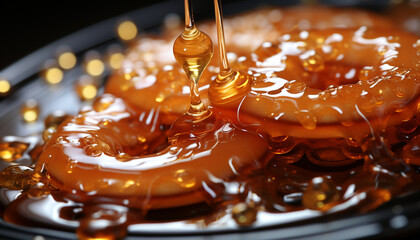 Sticker - Sweet dessert pouring chocolate sauce on a wooden table indoors generated by AI