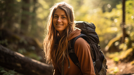 Poster - Woman wearing backpack standing in the forest , hiking alone