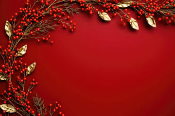 Wall Mural - Christmas fir branches, decor and garlands on red background. Generative AI