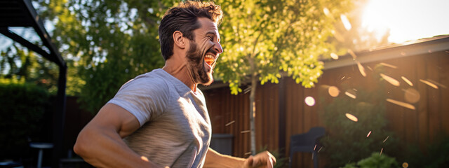 Canvas Print - Happy man dancing at an outdoor party in the courtyard