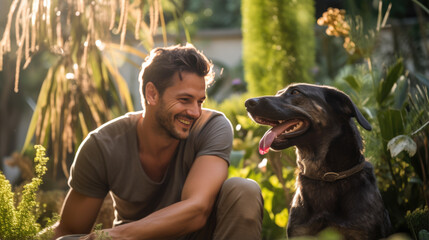 Canvas Print - Happy man and his dog outdoors in the summer