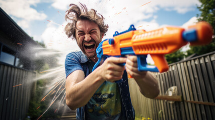 Wall Mural - Man playing with a water gun in his front yard on a warm summer afternoon