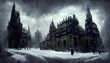 Lamordia domain of snow and stitches weathered abbey gothic architecture gothic urban dark fantays city dark experiments amoral science bizarre constructs mutagenic radiation 