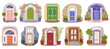 Set Vintage House Doors Exude Timeless Charm, Each One A Portal To History. Cottage Front Doorways Vector Illustration