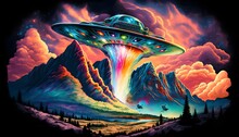 Giant Ufo Rising Behind A Psychedelic Rocky Mountain 