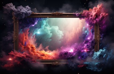 Poster - A picture frame with colorful clouds and stars, AI