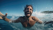 Happy man enjoys a seaside vacation splashing water on the beach