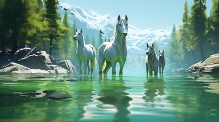 Canvas Print - Three horses are standing in the water near a mountain, AI