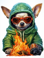 Sticker - A dog wearing a green jacket and sunglasses sitting on a fire, AI