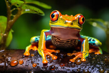 Generative AI Illustration Of Closeup Of Vivid Multicolored Frog Sitting On Branch In Wild Nature While Looking At Camera