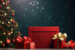 © ADDICTIVE STOCK - Generative AI image of Christmas background decorated with red gifts placed on table against dark background with blurred christmas tree