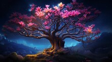 A Majestic Neon Magnolia Tree In Full Bloom, Its Radiant Flowers Set Against The Enchanting Backdrop Of A Midnight Sky.