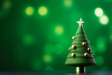 Generative AI Image Of Green Christmas Tree Decorated With Bright Balls And Star Placed On Table Against Glowing Green Background