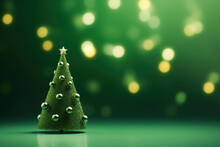 Generative AI Image Of Green Christmas Tree Decorated With Bright Balls And Star Placed On Table Against Glowing Green Background