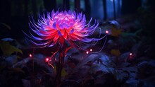 A Neon Dahlia Softly Glowing Amidst The Dark Foliage That Surrounds It.