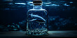 statue of a person in the night, Una botella con una ballena azul dentro, Water from the ocean contains plastic bottles, generative AI
