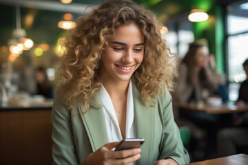 Wall Mural - Woman sitting at table, focused on using her cell phone. This image can be used to depict modern technology, communication, or busy lifestyle