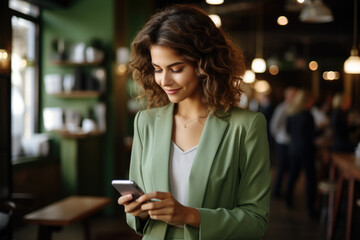 Wall Mural - Woman sitting in restaurant and looking at her cell phone. This picture can be used to illustrate technology use, social media, or modern communication in restaurant setting