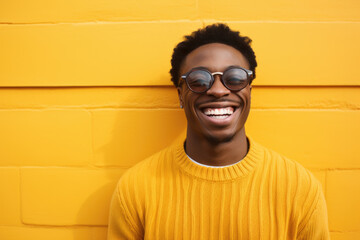 Picture of man wearing yellow sweater and sunglasses, smiling. This image can be used to depict happiness, fashion, or sunny day