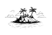 Islands With Palms Landscape Hand Drawn Ink Sketch. Engraving Style Vector Illustration
