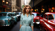 Generative AI, Beautiful Young Woman Dressed In 50s Retro Style With Stylish Hair Stands On The Street Of Old New York With Cars, Vintage Fashion, Feminine Girl, Designer Dress, Skirt, Pin Up