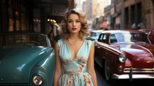 Generative AI, Beautiful Young Woman Dressed In 50s Retro Style With Stylish Hair Stands On The Street Of Old New York With Cars, Vintage Fashion, Feminine Girl, Designer Dress, Skirt, Pin Up
