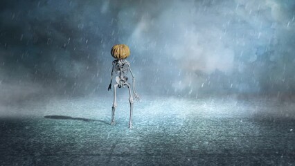 Wall Mural - skeleton with jack o lantern head walk in storm 4k loop features a skeleton with a jack o lantern he