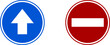 Blue Enter Here This Way and Red Do Not Enter Stop Door Entrance and Exit Round Sticker Adhesive Sign Icon Set. Vector Image.