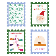 Wall Mural - Set of postage stamps with a festive theme of winter holidays. Template of red ,green and blue frame stamps on a white background with Christmas elements. EPS 10 vector file