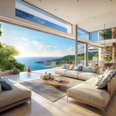 Room with sea view, elegant and modern living room.