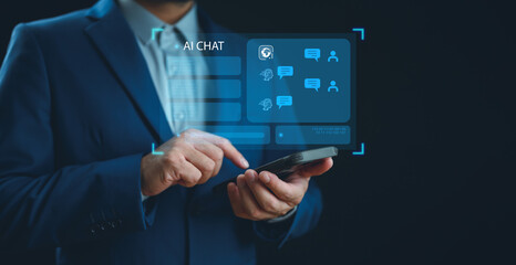 Poster - AI smart bot Chat, Artificial Intelligence. Man using technology smart robot AI, artificial intelligence by enter command prompt for generates something, Futuristic technology transformation.