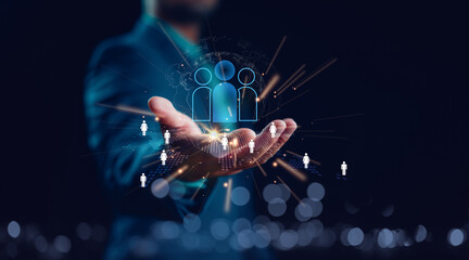Poster - Customer Relationship Management, Businessman use tablet with global structure customer network technology, Data exchanges development. customer service, social media. digital marketing online.