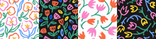 Collection Seamless Patterns With Brush-drawn Colorful Tulips And Lilies Flowers. Abstract Floral Motif Backgrounds.