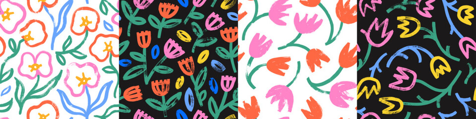 Collection seamless patterns with brush-drawn colorful tulips and lilies flowers. Abstract floral motif backgrounds.