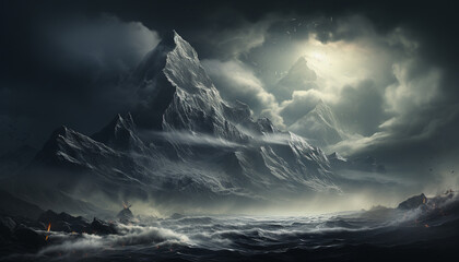 Canvas Print - Majestic mountain peak, dark sky, spooky fog, mysterious nature generated by AI