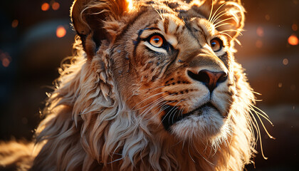 Poster - Majestic lion staring, close up, wild beauty in nature, endangered species generated by AI