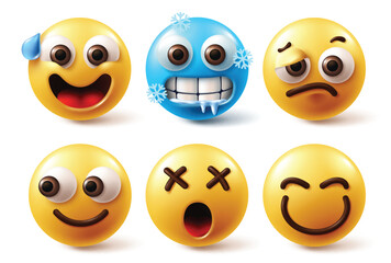 Wall Mural - Emoji face characters vector set. Emojis emoticon yellow icon faces in frightened, chill, cold, tired and curios looking face reaction in white background. Vector illustration emoticon character 