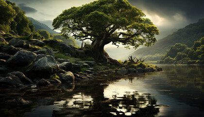 Wall Mural - Tranquil scene  nature beauty reflected in water, mountains, and sky generated by AI