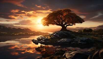 Wall Mural - Tranquil scene  sunset paints sky, reflecting on water, silhouetting trees generated by AI