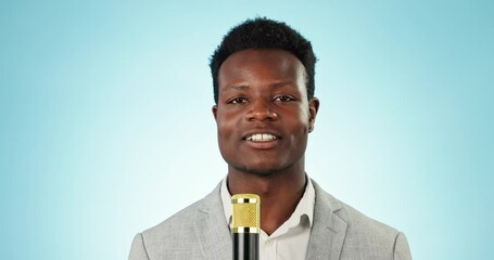 Sticker - Reporter, news and portrait, black man and mic with communication and live stream on blue background. Journalist, information and announcement, press and media with talk show and story in studio