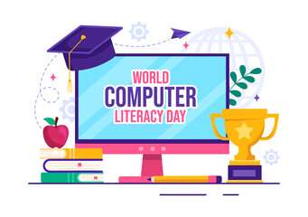 Wall Mural - World Computer Literacy Day Vector Illustration on December 2 with Book and Media Equipment in Education Holiday Cartoon Hand Drawn Templates